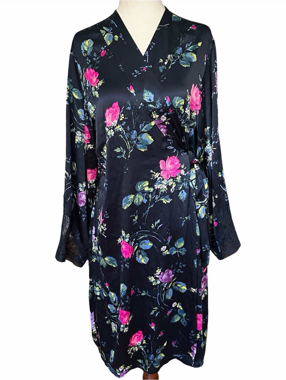 Victoria's Secret black floral  wrap robe lace back Size M/L